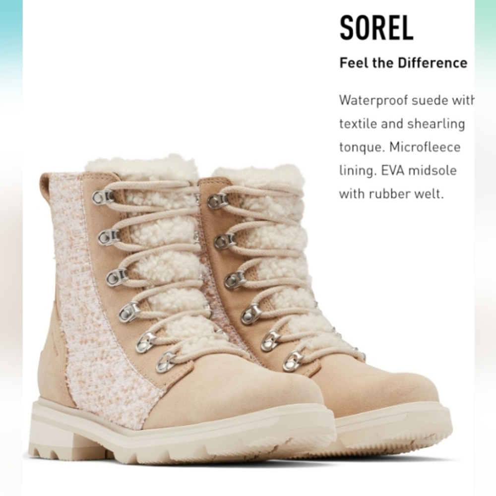 NEW SOREL LENNOX LACE-UP COZY BOOTS, 9, Waterproof